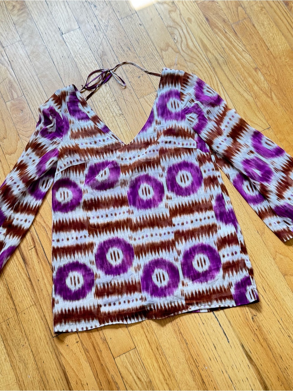 Trina Turk Purple and Brown Patterned V-Neck Tie-Back Tunic